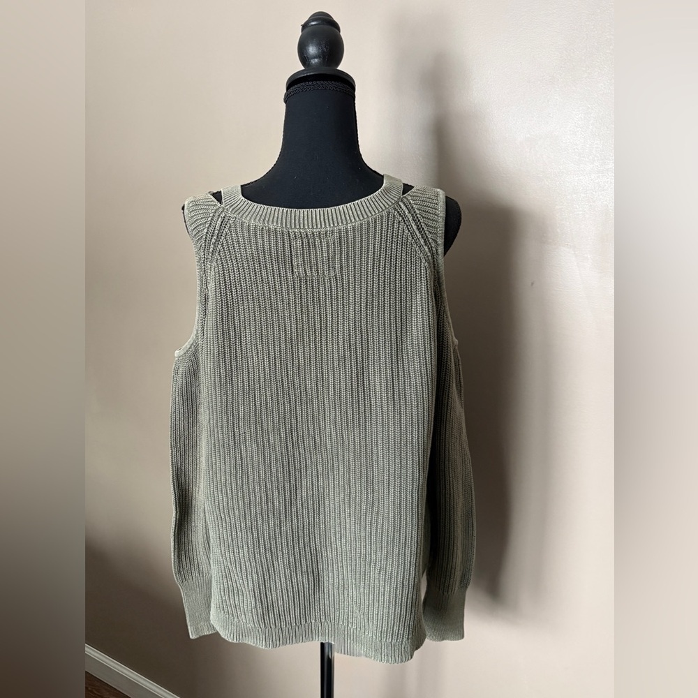 HOLLISTER cold shoulder olive green ribbed knit cotton sweater sz L cute casual - Picture 6 of 16